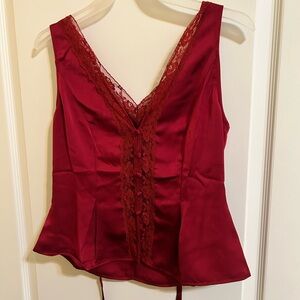 Kinsley and Zoe Elegant Red Lace Trim Satin Top